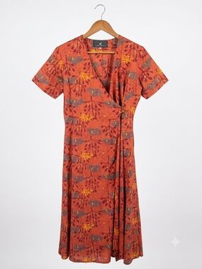 Peruvian Connection 100% Pima Cotton Terracotta Bird Print Wrap Dress Large